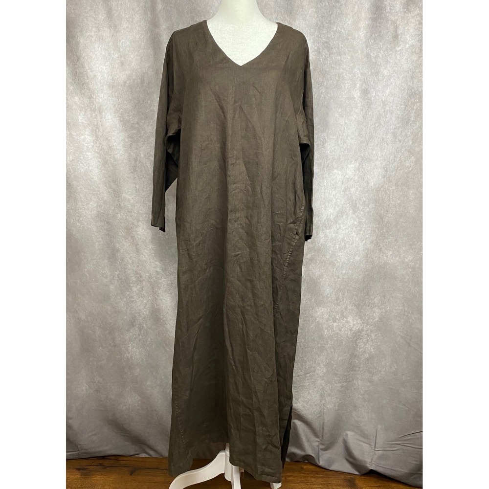 La Fixsun Brown Linen Maxi Dress V-Neck Pockets USA Made Small Artsy Lagenlook